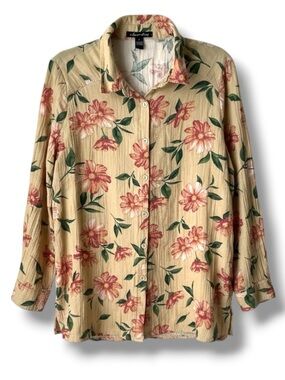 A LOVE STORY Floral Button-Down Blouse Lightweight Beige Pink Large